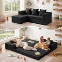 65" Boneless Couch,Convertible Sleeper Sofa Bed, Mini Modular Sectional Sofa, Modern Tri-Folding Cloud Couch with L-Shape Chaise, Corduroy Futon Couches for Small Spaces Apartment,No Assembly,Black