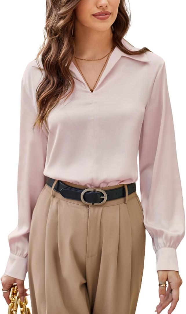 GRACE KARIN Business Casual Tops for Women Satin Silk Blouse Collared V Neck Long Sleeve Work Shirts Dressy Tops Fall Clothes (Medium, Pink)