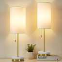 Desk Lamp & Table Lamp Set of 2, Bedside Lamps for Night Stands - Modern Small Table Lamps with Marble Base, Fabric Shade, Mini Pull Chain Bedroom Lamps for Living Room, Office, Reading (Gold)