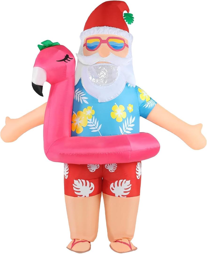 Christmas in July Inflatable Costume Adult Santa Blow Up Costumes Funny Flamingo Summer Hawaiian Blowup Outfit Xmas Holiday Party Cosplay Suit for Men Women Unisex Full Body
