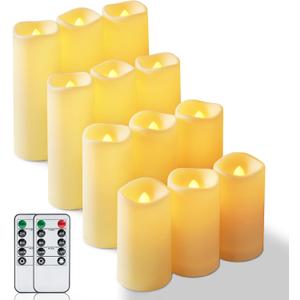 Homemory 12 Pcs Waterproof Flameless LED Candles with Remote & Timer, 4-Size Set (D2.2'' x H4''5''6''7''), Battery Operated Candles for Home Decor, Outdoor Parties & Events