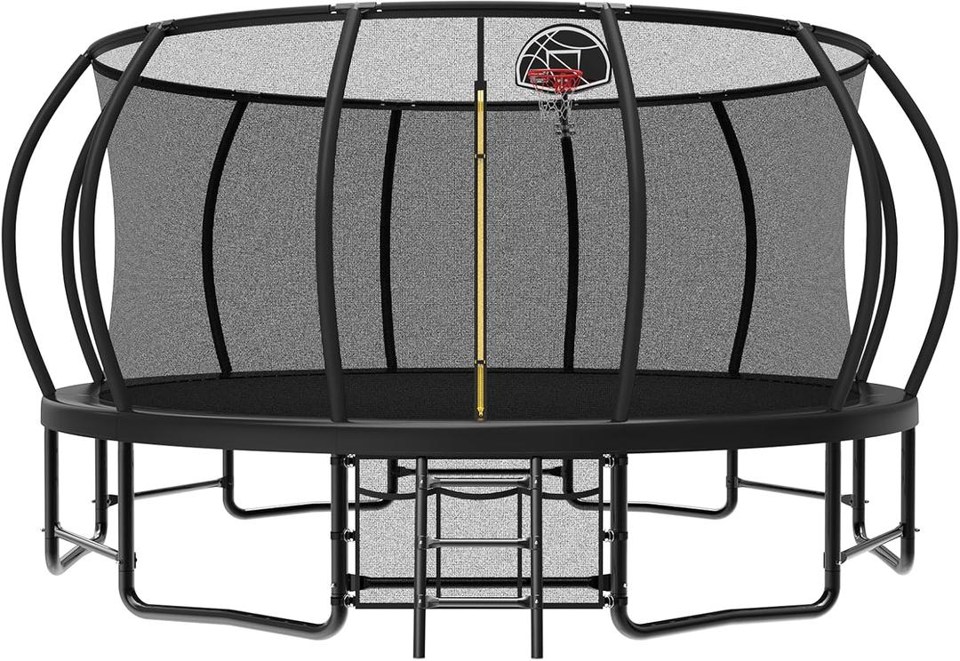 Lyromix 16FT Outdoor Trampolines for Kids and Adults, Pumpkin Trampolin with Curved Poles, Recreational Trampolin with Basketball Hoop and Safety Enclosure Net for Kids and Adults (Black)