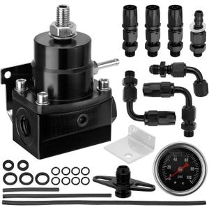 Adjustable EFI Fuel Pressure Regulator Kit with Bypass Return, 0-100 PSI Gauge, 6AN Fittings and PTFE Braided Hose Compatible with Gasoline, E85, Ethanol & Methanol Fuels