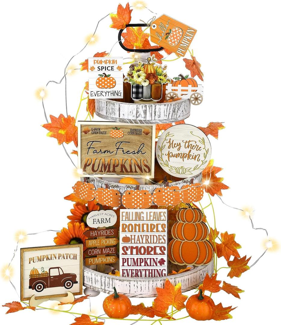FairySandy 14 Pcs Thanksgiving Tiered Tray Decor Fall Thanksgiving Pumpkin Wooden Decorations Set Rustic Farmhouse Truck Spice Blocks Autumn Wooden Sign for Winter Halloween