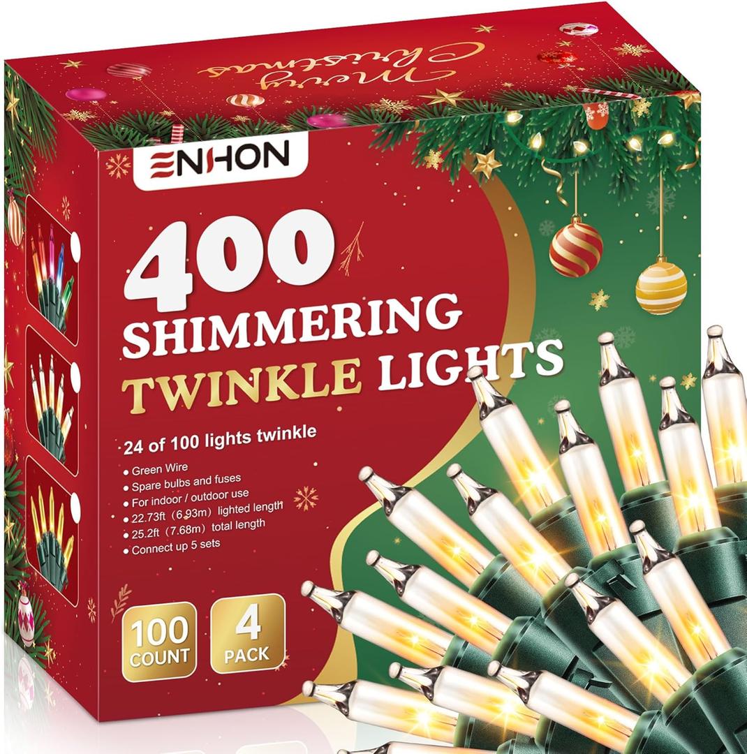 Enhon 4 Pack Twinkling Christmas Lights, 101.6 FT 96 of 400 Random Twinkle Bulbs, Christmas String Lights Connect up to 5 Set, Waterproof Outdoor Indoor Decorations (White)