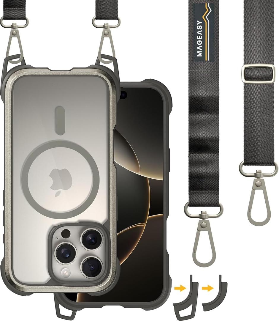MAGEASY Designed for iPhone 16 Pro Case with Strap - 20ft Ultimate Drop Protection Compatible with MagSafe, Transformable 2-in-1 Protective & Lanyard Case, Aluminum Frame | Odyssey Strap M (Titanium)