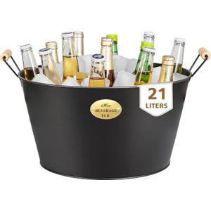 Large 5.5 Gallons Beverage Tubs for Parties 2 Pack, 21L Ice Bucket with Wooden Handles, Black Galvanized Tub, Ideal Party Tubs for Drinks