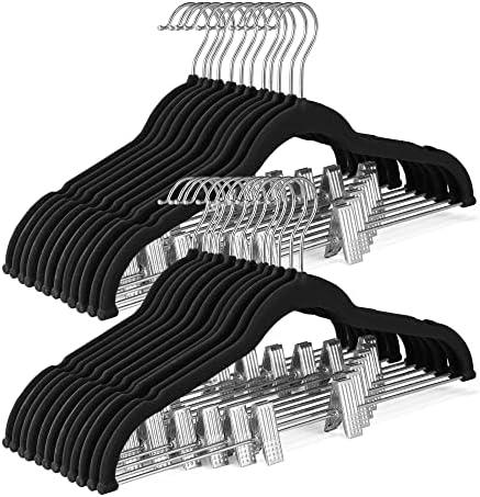 HOUSE DAY Velvet Skirt Hangers 30 Pack, Black Velvet Pant Hangers with Adjustable Clips, Space Saving Slim Shorts Hanger, Heavy Duty Non Slip Clip Hanger for Pants, Skirts, Shorts