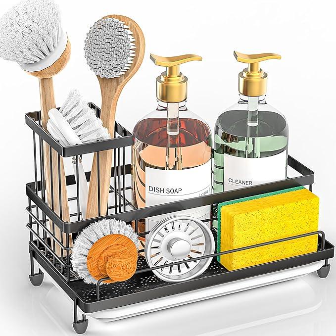 Cisily Sink Caddy Sponge Holder for Kitchen with Brush Holder and Stainless Steel Self Drain Tray, Rustproof Kitchen Sink Organizer for Sponge, Soap Dispenser Storage Accessories