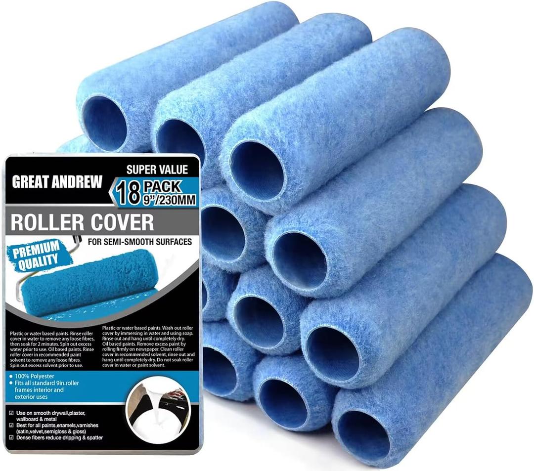 Great Andrew 18 Pack Paint Roller Covers 9 Inch 3/8-Inch Nap, Dense Fibers Large Paint Roller Kit for Painting Textured Smooth Rough Surfaces Walls Floors House