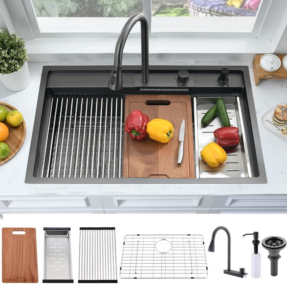 33 Inch Black Waterfall Drop In Kitchen Sink Workstation -Bokaiya 33x19 Black Stainless Steel Smart Sink with Faucet Combo 16 Gauge 10" Deep Top Mount Single Bowl Modern Kitchen Sink