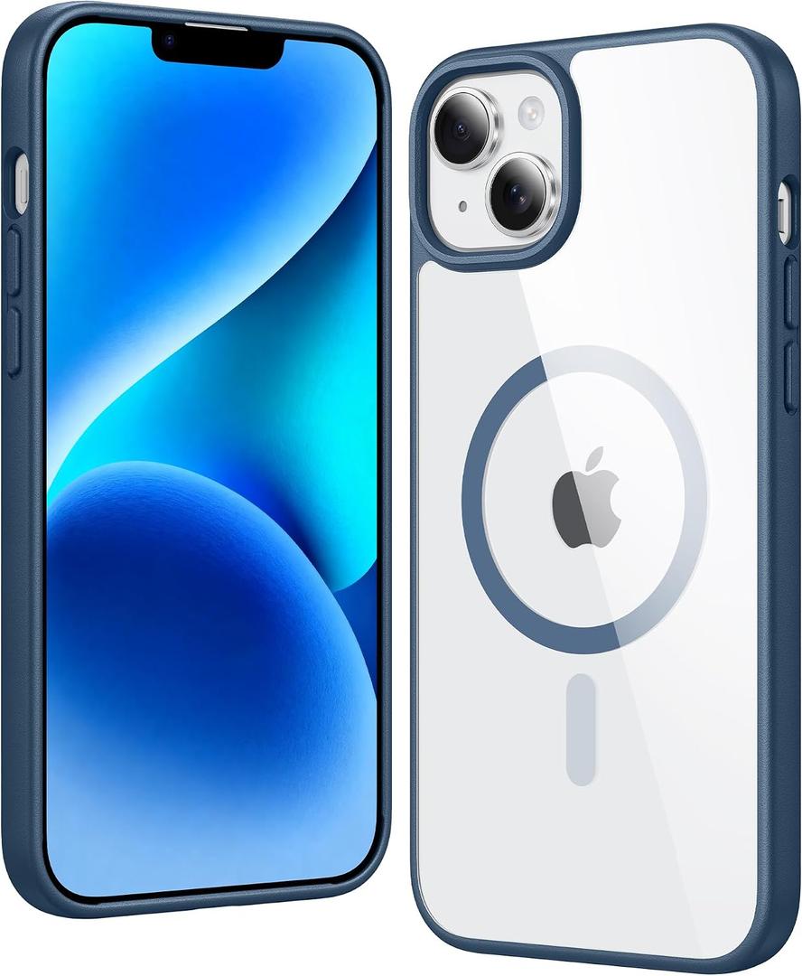 FNTCASE for iPhone 14 Plus Case: Clear Magnetic Phone Cases Compatible with Magsafe Slim Anti Yellowing Military Grade Drop Protection Rugged Protective Transparent Cell Phone Cover (B-Blue)