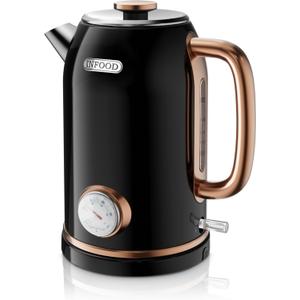 INFOOD Retro Electric Kettle, 1.8L/60.8oz Hot Water Kettle Electric with Thermometer, 1200W Fast Heating Stainless Steel Tea Kettle for Boiling Water, Cordless, LED Indicator, Auto Shut-Off, Black