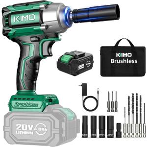KIMO Impact Wrench 1/2 Cordless, 1200N.m (900ft-lbs), 4000RPM, 9-Piece Drill & Driver Set, 4 Sockets Impact Drill for Car Tires, Safety Lock, Variable Modes, 4000mAh Battery Power Smart Impact Wrench (Dark Green)