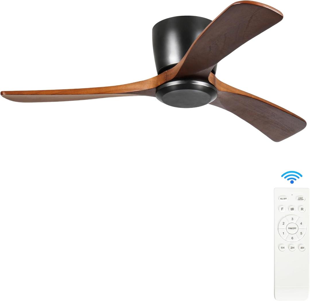 42 Inch Ceiling Fan No Light, Low Profile Ceiling Fan with Remote Control,3 Blade, 6 Speeds Reversible DC Motor, Modern Wood Flush Mount Ceiling Fan Without Light for Bedroom, Living Room, Patio, Medium