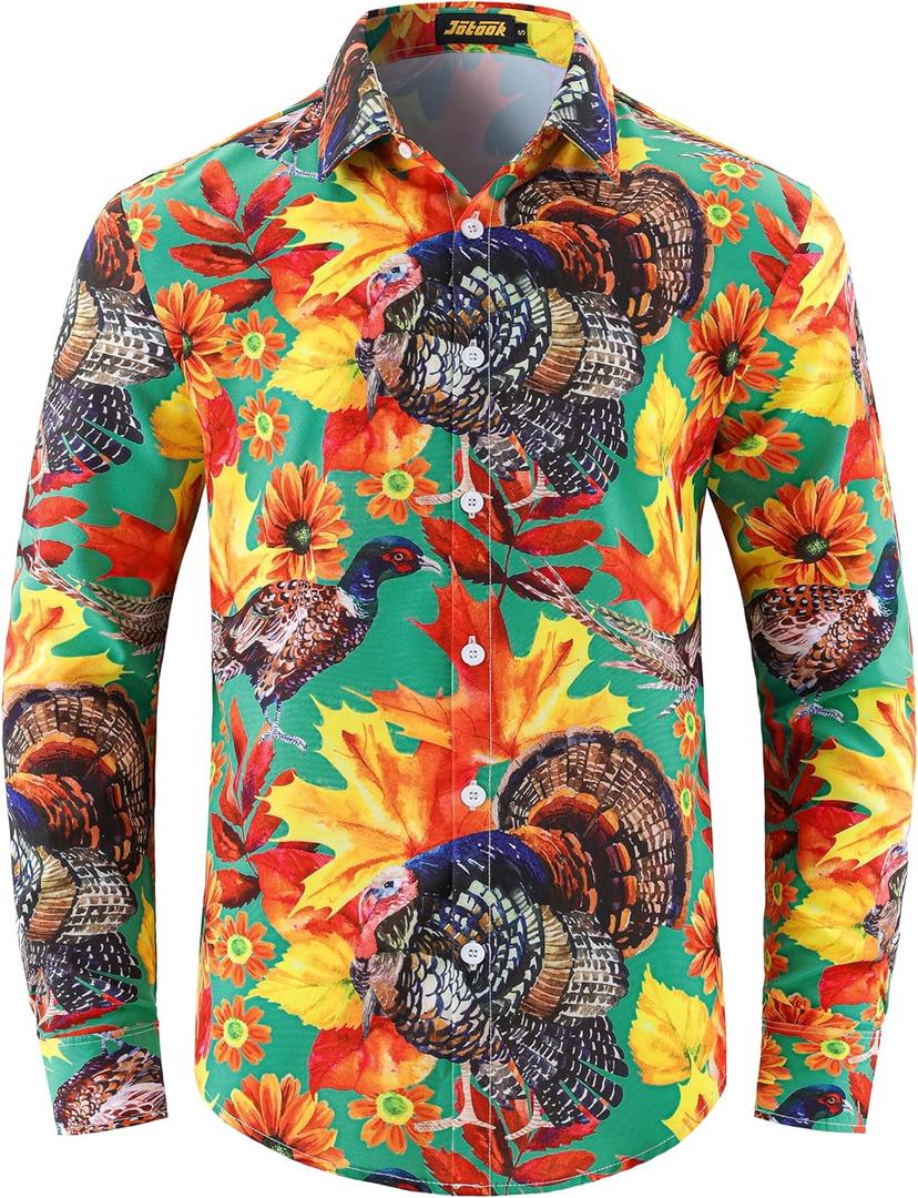 JOTOOK Mens Christmas Shirts Funny Turkey Thanksgiving Shirts Santa Claus Long Sleeve Button Down Shirt (M)