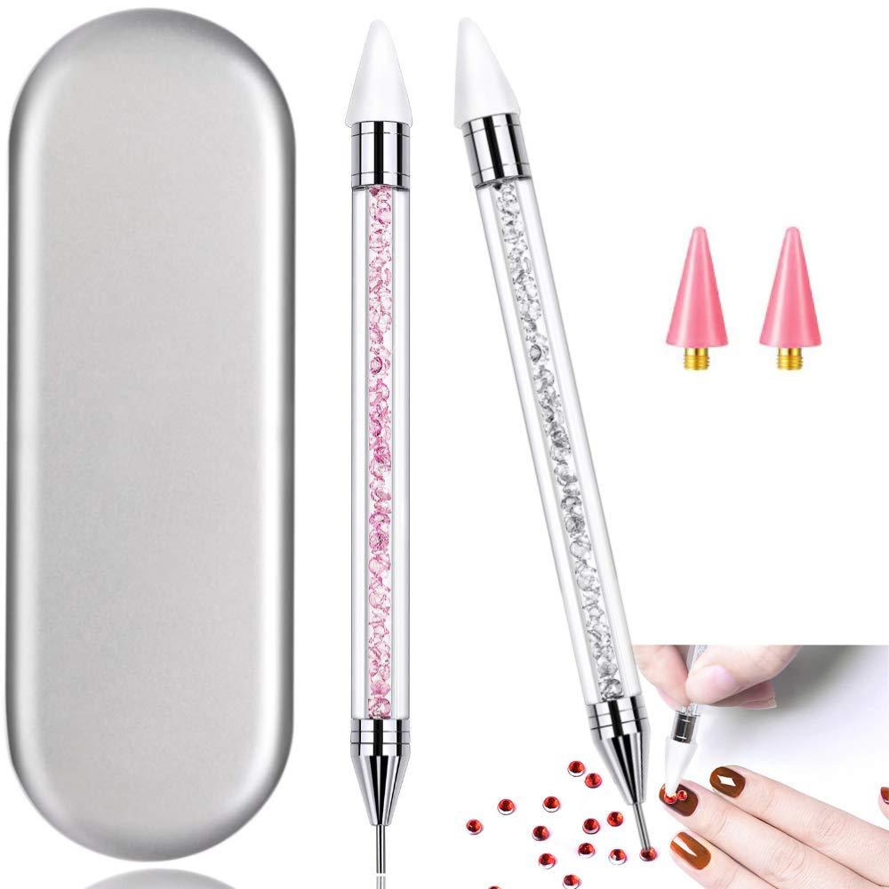 2 Pieces Nail Rhinestone Picker Dual-Ended DIY Nail Art Dotting Tool Wax Pen Acrylic Handle with Extra 2 Wax Head & Storage Case, for Crystal AB Rhinestones, Nail Art, Diamond Painting (PINK & WHITE)