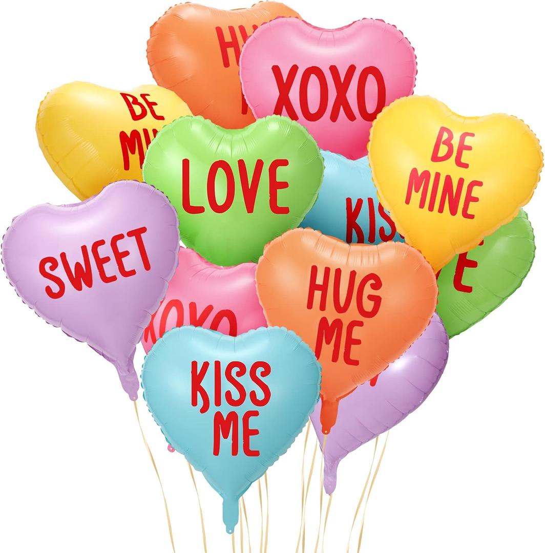 Libima 12 Pcs Valentine's Day Candy Heart Balloons 18 Inch Foil Heart Shaped Balloons XOXO Love Sweet Be Mine Kiss Me Hug Me Foil Valentine's Day Wedding Decor(Colorful)