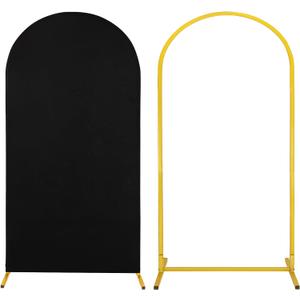 Metal Arch Stand and Cover Set,1 Black Spandex Fitted Backdrop with 1 Gold Wedding Arched Stand Frame for Parties Birthday Baby Shower Bridal Banquet Decoration (6.6FT)