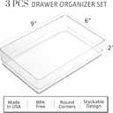 STORi SimpleSort 3-Piece Stackable Clear Drawer Organizer Set | 9" x 6" x 2" Rectangle Trays | Wide Makeup Vanity Storage Bins and Office Desk Drawer Dividers | Made in USA