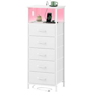 Somdot White Nightstand with Charging Station and LED Light for Bedroom, Tall 5 Drawers Dresser with Fabric Bins for Bedside Kids Dorm Room Closet Laundry Entryway, White Leather