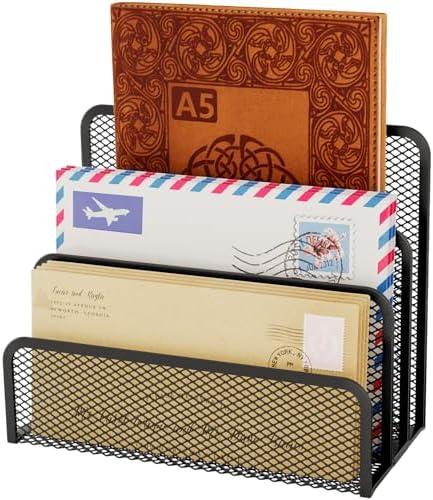 UVGVA Mesh Mail Organizer 3 Slot Mail Holder for Desk Mesh Letter Sorter File Holder for Home Office Documents, Envelopes, and Postcards Paper Clip Holder set (Black)