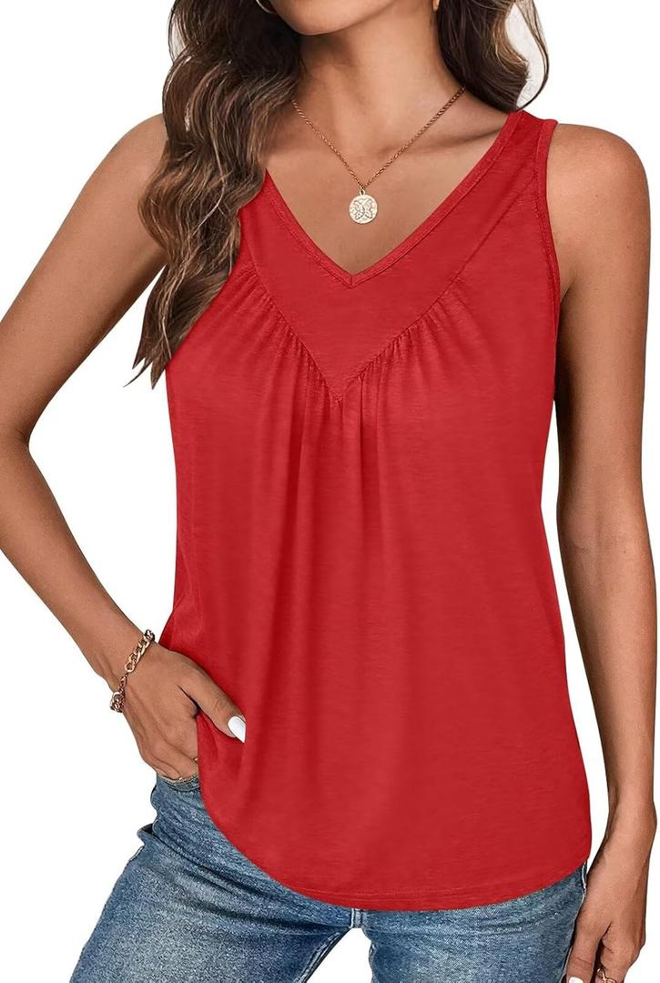 Bliwov Women's Tank Tops V Neck Ruched Workout Clothes Loose Fit Casual Sleeveless Beach Vacation Outfits Trendy Fall Blouses (X-Large, Blood Red)