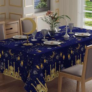 XCHI Golden Castle Moons Stars Lantern Fireworks Ramadan Kareem Tablecloth Rectangle Table Cloth Table Covers for Indoor Dining Home Party Decorations 60x84 Inch