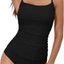 Eomenie Women's Swimsuit Tankini Tummy Control Bathing Suits Two Piece Full Coverage Slim Swim Suits with High Waisted Bottom (S, Black)