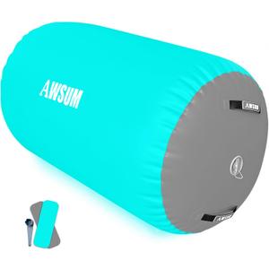 AWSUM Air Roller Gymnastics Barrel Inflatable Tumbling Mat Back Handspring Trainer for Octagon Mat Gym Home Gymnastics Equipment 1PCSNo Electric Pump ((L)39.4"x(Diam)23.6"-No pump, Mint Green/Grey)