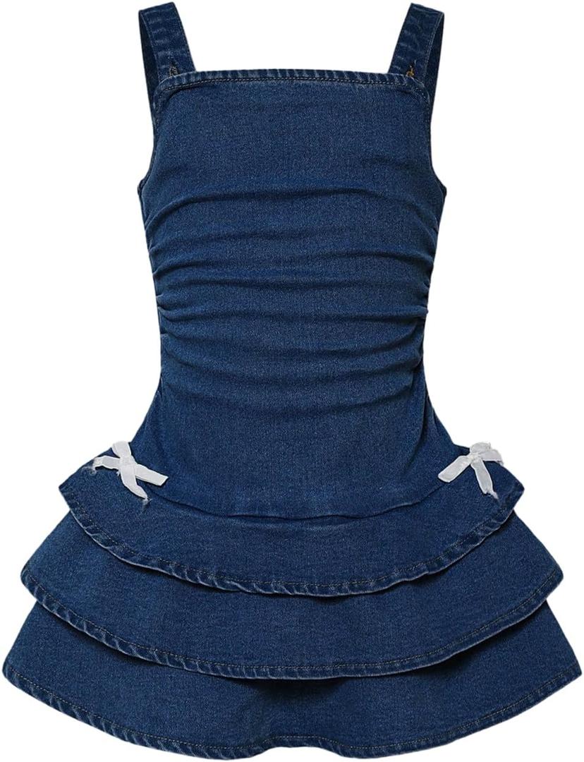 WDIRARA Toddler Girl's Denim Dress Cute Sleeveless Layered Ruffle Cami Dress Dark Wash 6Y