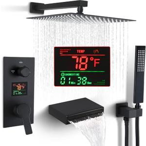 SKOWLL Shower System with Tub Spout Bathroom Tub and Shower Faucet Combo Wall Mount 12 Inch Black Shower Head and Handle Set, Display Shower Valve Kit Rough-in Valve and Trim Included
