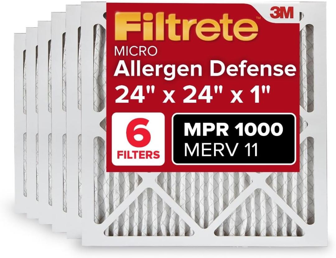 Filtrete 24x24x1 AC Furnace Air Filter, MERV 11, MPR 1000, Micro Allergen Defense, 3-Month Pleated 1-Inch Electrostatic Air Cleaning Filter, 6 Pack (Actual Size 23.81 x 23.81 x 0.81 in)