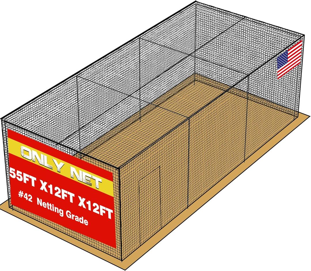 Baseball Batting Cage Netting  35'L/55'L/70'L 1.75" Mesh Batting Cage Only Net for Professional Fully Enclosed PE Baseball Cage Net with Door, Without Frame