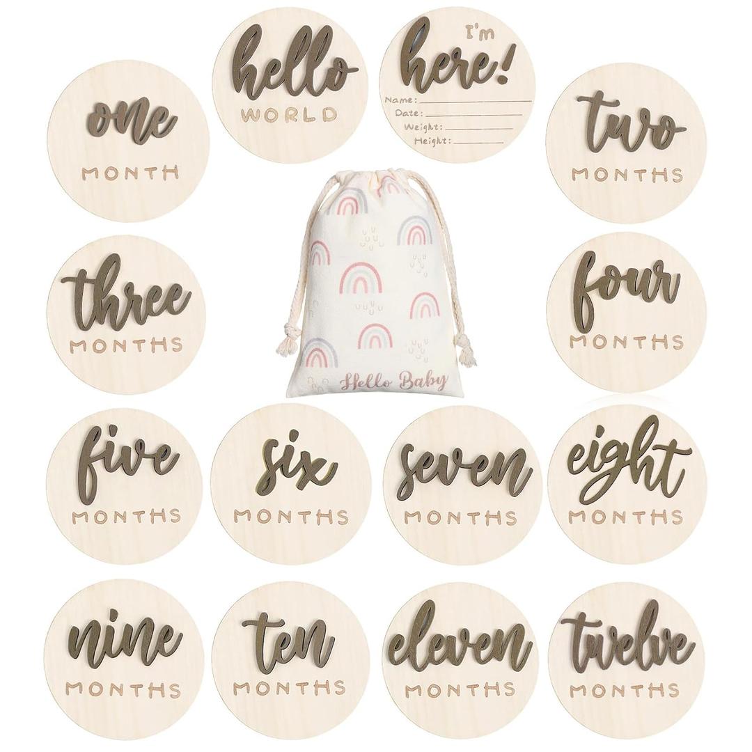 7 Pack 3D Baby Monthly Milestone Card Signs Baby Announcement Sign Double Sided Hello World Newborn Signs Wooden Circles Discs for Welcome Newborn Boy Girl Photo Props(Brown,Letter)