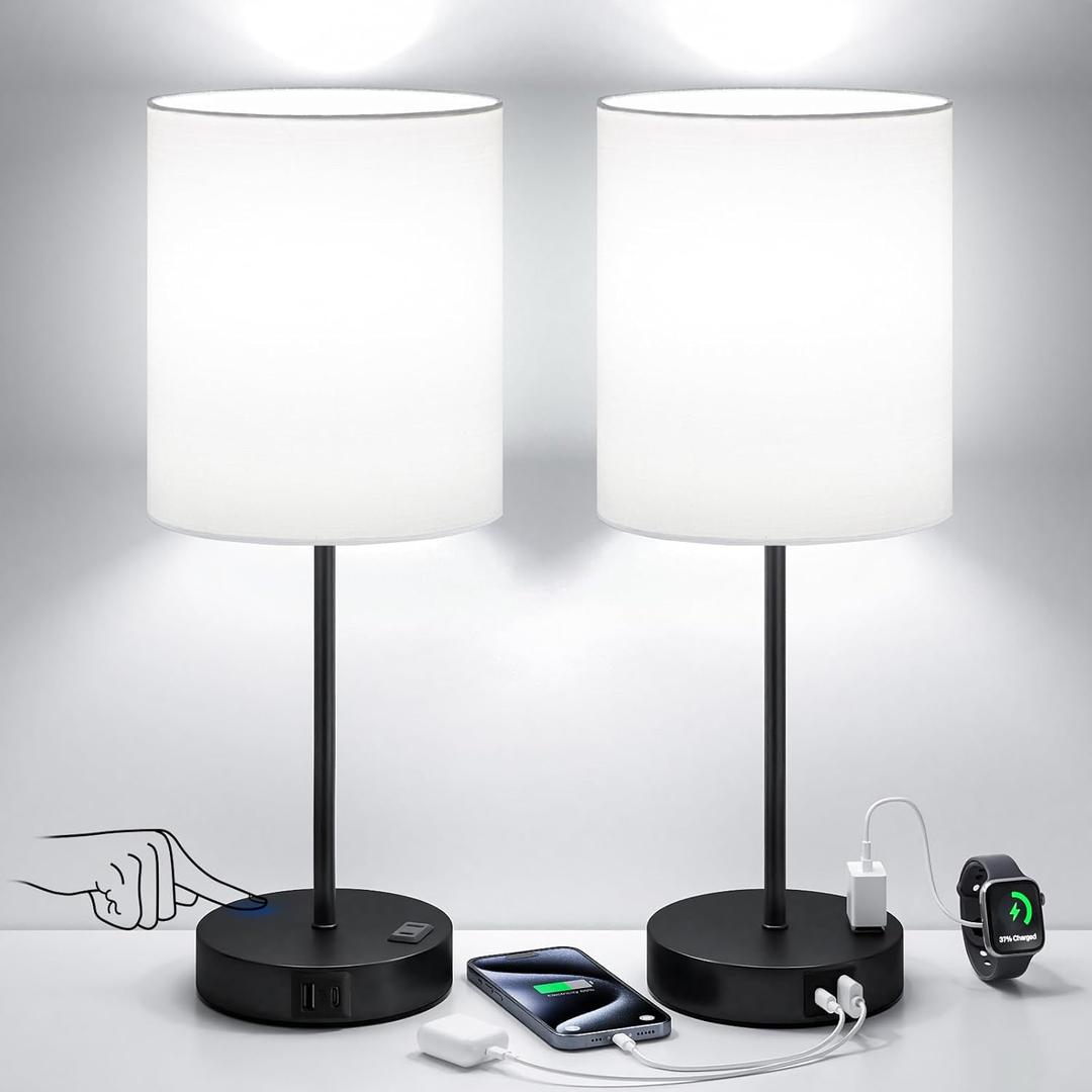 White and Black Lamps for Nightstand Set of 2 - Bedside Table Lamp for Bedroom with Dual USB Ports & AC Outlet, 3-Way Dimmable Lamps for Living Room Boys Room, Night Light with 5000K Daylight Bulbs