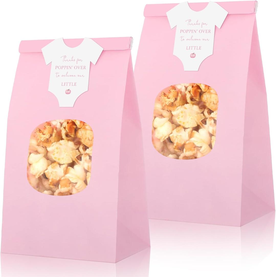 Teenyyou 36 Sets Little Pumpkin Baby Shower Favors 36 Pcs Thanks for Poppin' by to Celebrate Paper Popcorn Bags for Party with 36 Clothes Popcorn Stickers Engaged Container Baby Shower Bags(Pink)