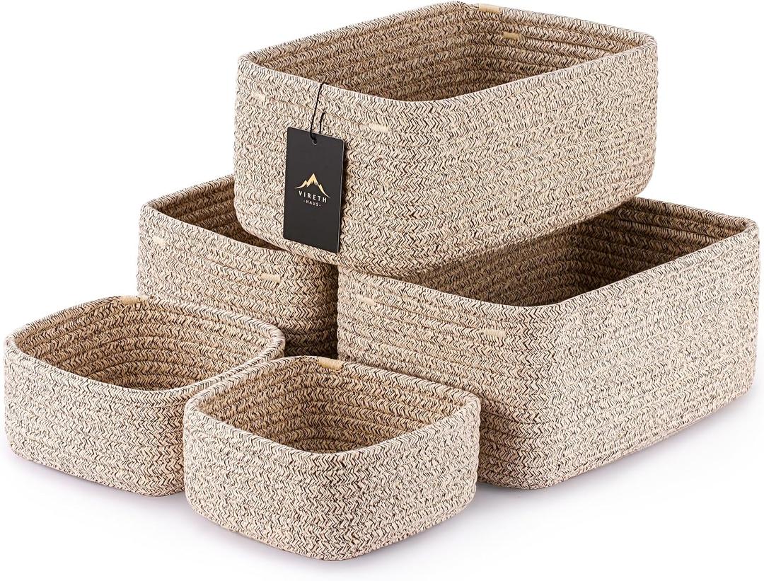 5-Pack Small Woven Rope Storage Baskets – 2 Sizes Organizer Bins for Closet, Shelf, Bookshelf, Nursery, Changing Table, Fabric Cube Boxes, Rectangular Shallow Bins for Bathroom, Toy & Home