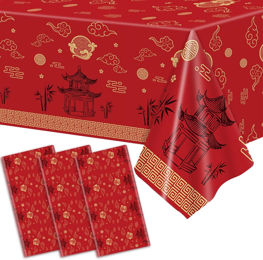 party greeting Hibachi Table Covers 3 Pack Japanese Disposable Plastic Tablecloth 54x108 Inch Chinese Decorations Cultural Tableware Spring Festival Plastic Table Cover for New Year Asian PartyRed