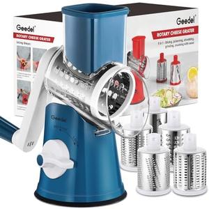 Geedel Rotary Cheese Grater Cheese Shredder - Upgraded 5-in-1 Cheese Grater with Handle and Strong Suction Base, Multi-purpose Vegetable Slicer Ice Shaver Nuts Grinder for Ice, Vegetables, Fruit, Nuts