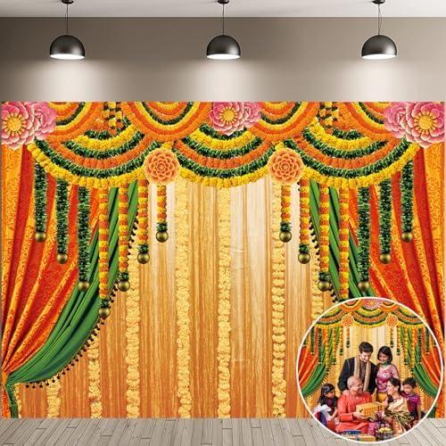 Indian Pooja Traditional Backdrop Indian Religious Festival Marigold Yellow Curtain Background Diwali Puja Ganpati Pooja Mehndi Wedding Party Decoration 7x5FT
