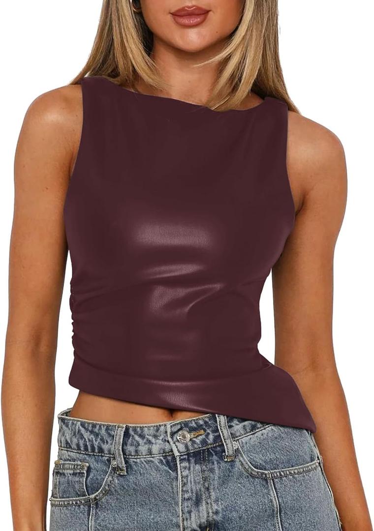 Vivitulip Women's Faux Leather Ruched Tank Top High Neck Sleeveless Cami Shirt (Wine Red)