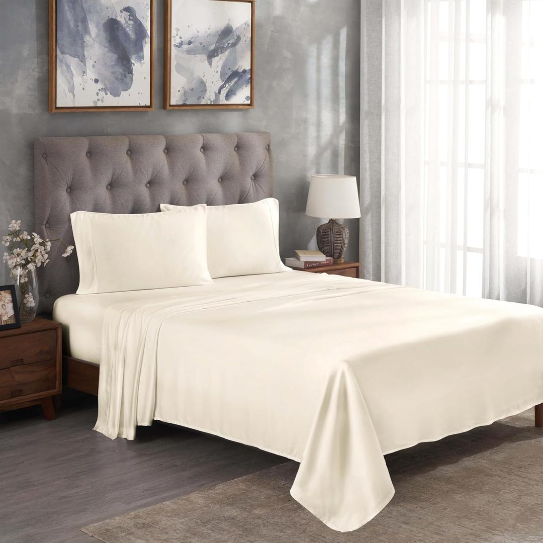 Superior Modal from Beechwood 300 Thread Bed Sheet Set, 1 Elastic Deep Pocket Fitted Sheet, 1 Flat Sheet, 2 Pillowcases, Soft Cool Sheets, Sateen Weave, Bedding Essentials, Queen, Ivory