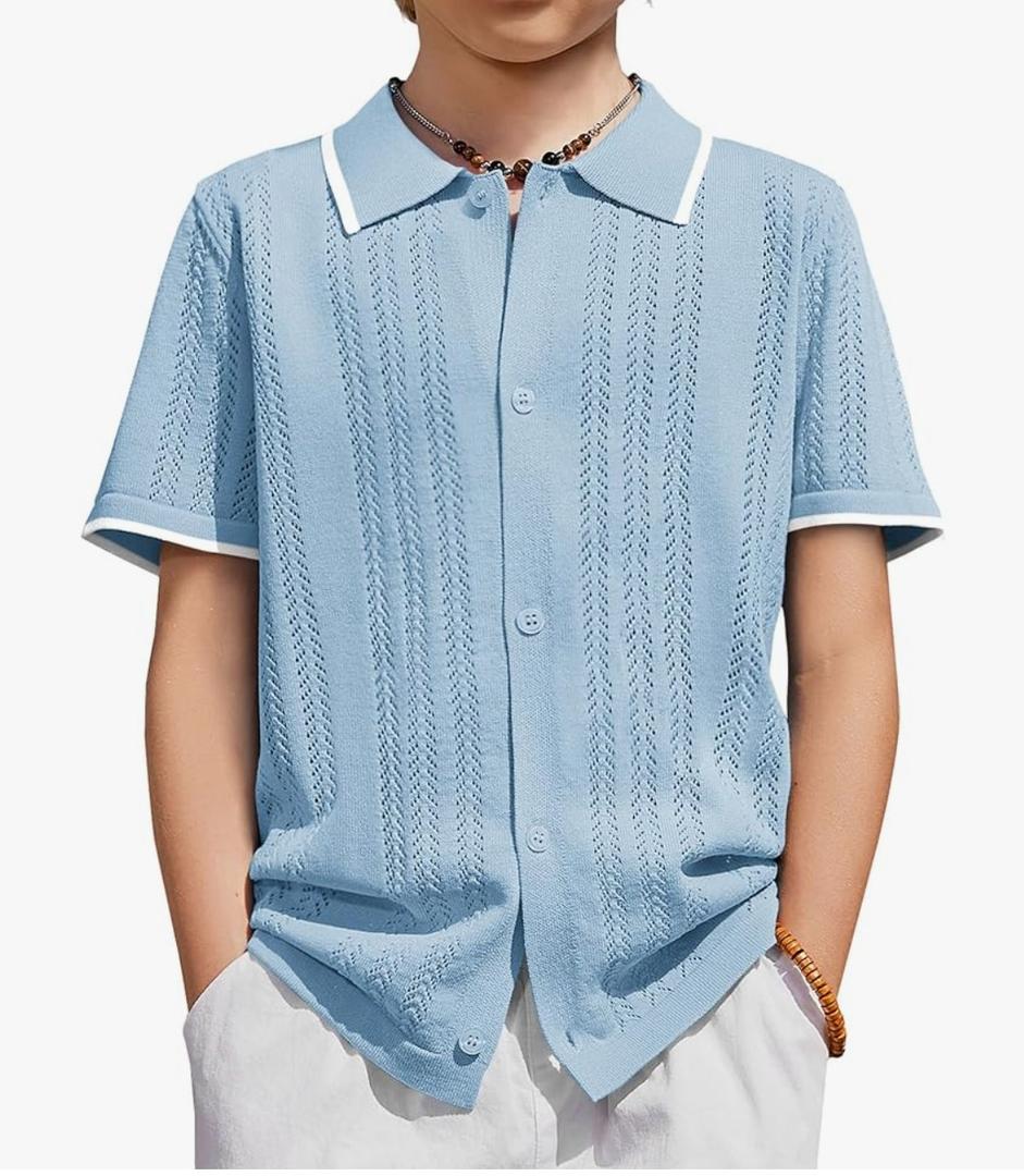 Arshiner Boys Button Down Shirt Short Sleeve Knit Shirt Summer Vintage Fashion Casual Beach Shirts for Kids Size 9-10