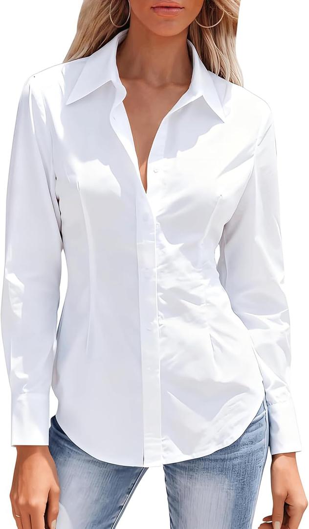 Mutitop Button Down Shirts for Women Long Sleeve Dress Shirts Wrinkle Free Collared Work Office Solid Blouses Corset Tops (Large, All White)