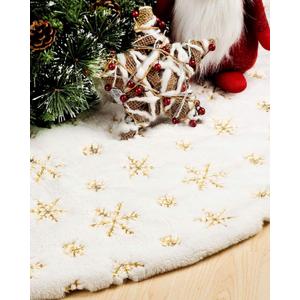 Christmas Tree Skirt 36 Inches, Faux Fur White Tree Skirt with Gloden Snowflakes, Soft Thick Christmas Tree Mat for Xmas Tree Decor, Large Tree Skirts for New Year Merry Christmas Tree Decorations