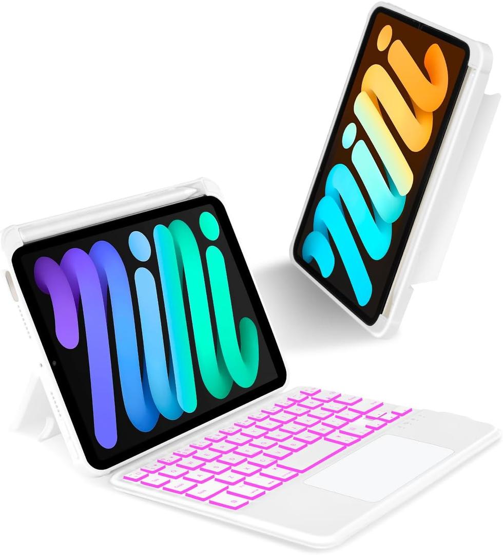 Case with Trackpad Keyboard for iPad mini 7th(A17 Pro, 2024)/6th Generation 8.3 inch,7-Color Backlit Wireless Keyboard Magnetic Detachable Multi-Angle Stand Cover for iPad mini 6 7 White