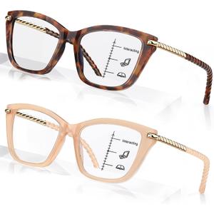 2 PCS Eye-catching Progressive Multifocus Reading Glasses Women, Trendy Cat Eye Computer Readers with Twist Temples, Anti Blue Light/Eyestrain Multifocal Glasses, 2.0x 