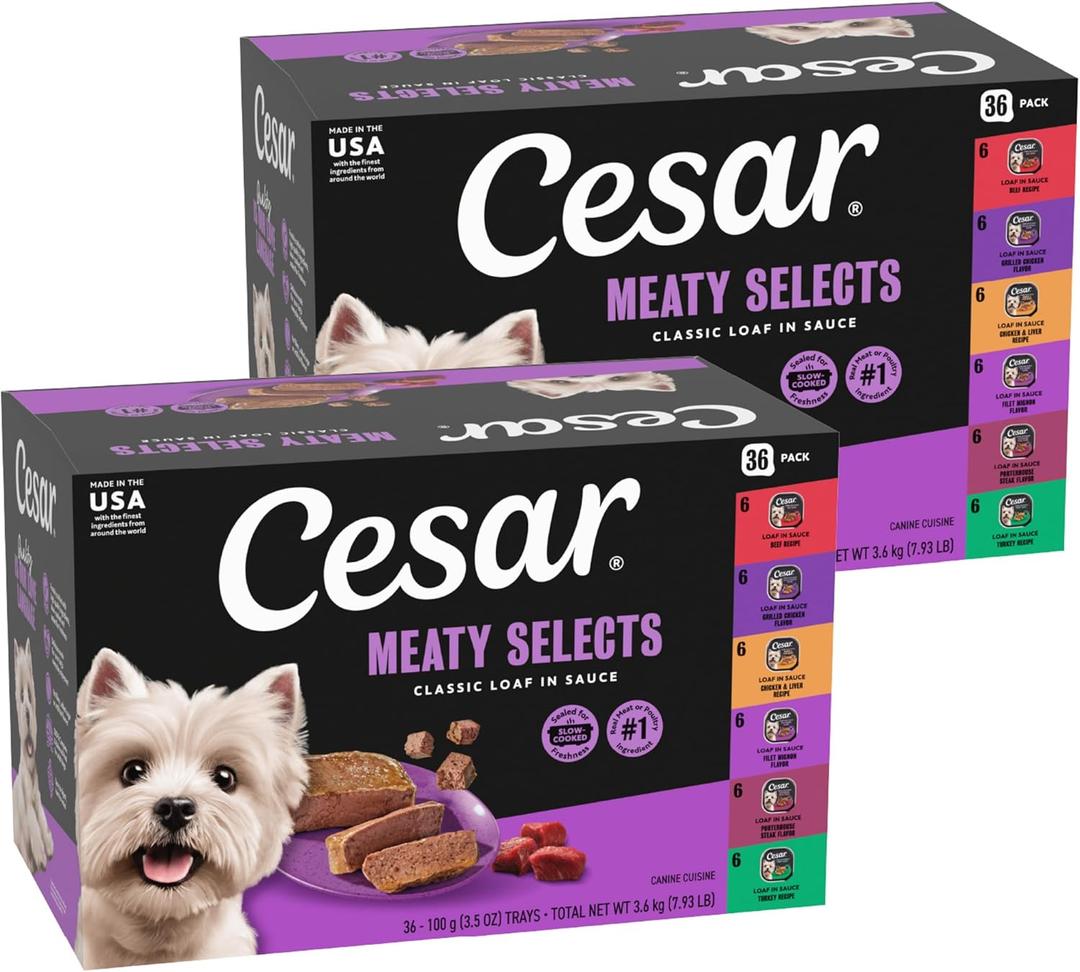 Cesar Wet Dog Food Classic Loaf in Sauce Grilled Chicken, Filet Mignon, Porterhouse Steak, Beef, Chicken & Liver and Turkey Variety Pack 3.5 oz. Easy Peel Trays (36 Count, Pack of 1)