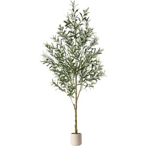 6FT Artificial Olive Trees, Faux Silk Plant with Lively Artifical Trunk and Lifelike Fruits, Indoor Fake Potted Tree with White Planter for Modern Home Office Living Room Decor